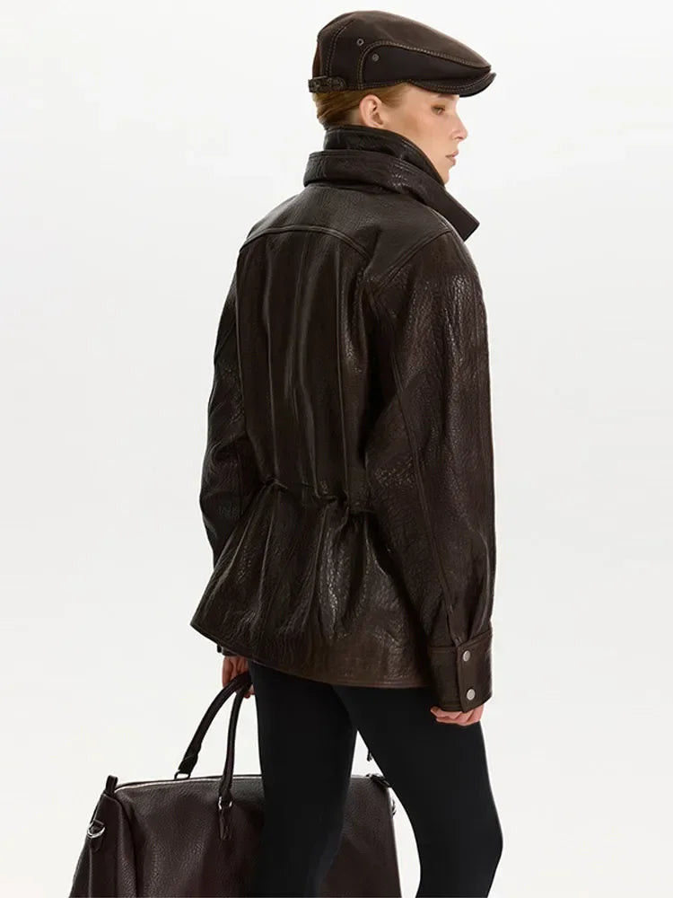 Drawstring Waist Leather Jacket