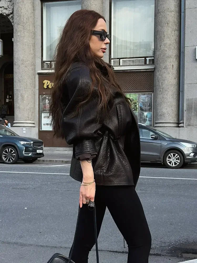 Drawstring Waist Leather Jacket