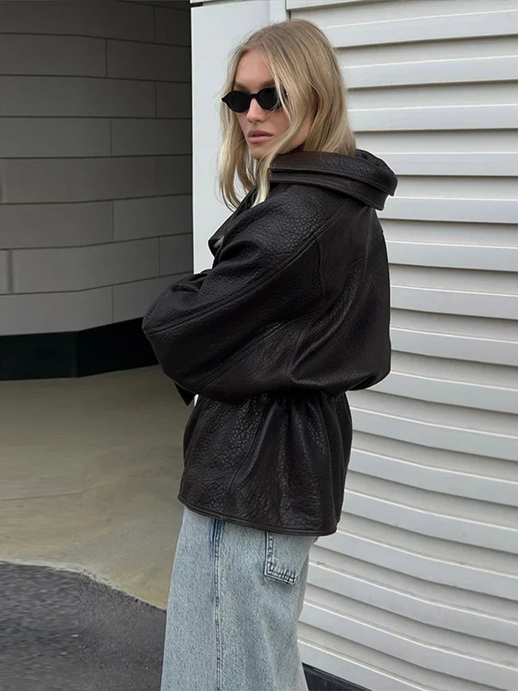 Drawstring Waist Leather Jacket