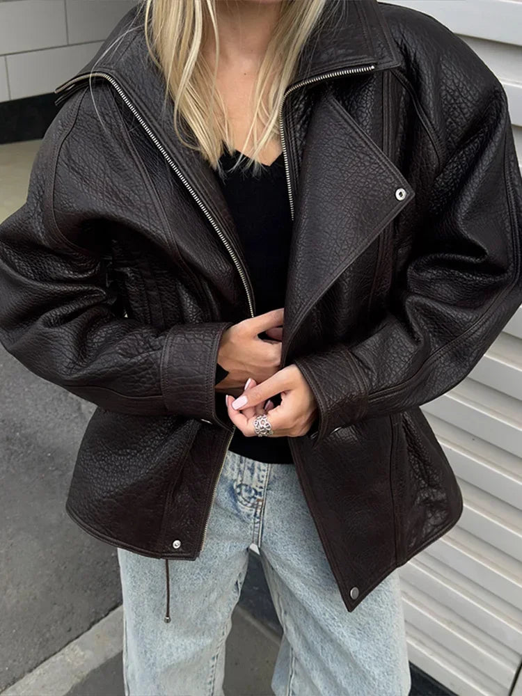 Drawstring Waist Leather Jacket